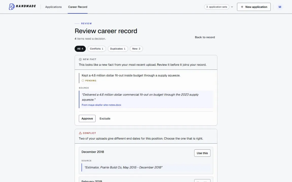 The review queue asking for a decision on a new fact, quoting the sentence it came from in the uploaded resume, with Approve and Exclude beside it.