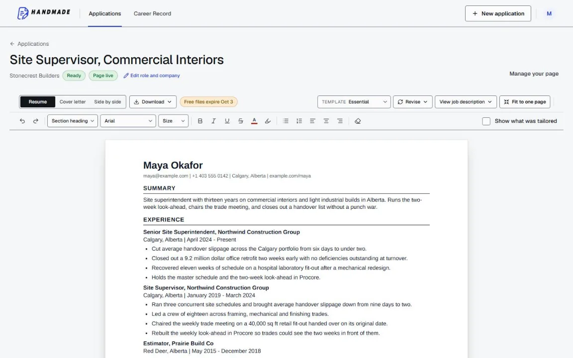 The finished resume for one posting, open in the editor with its template picker, revision control and download button above the formatted page.